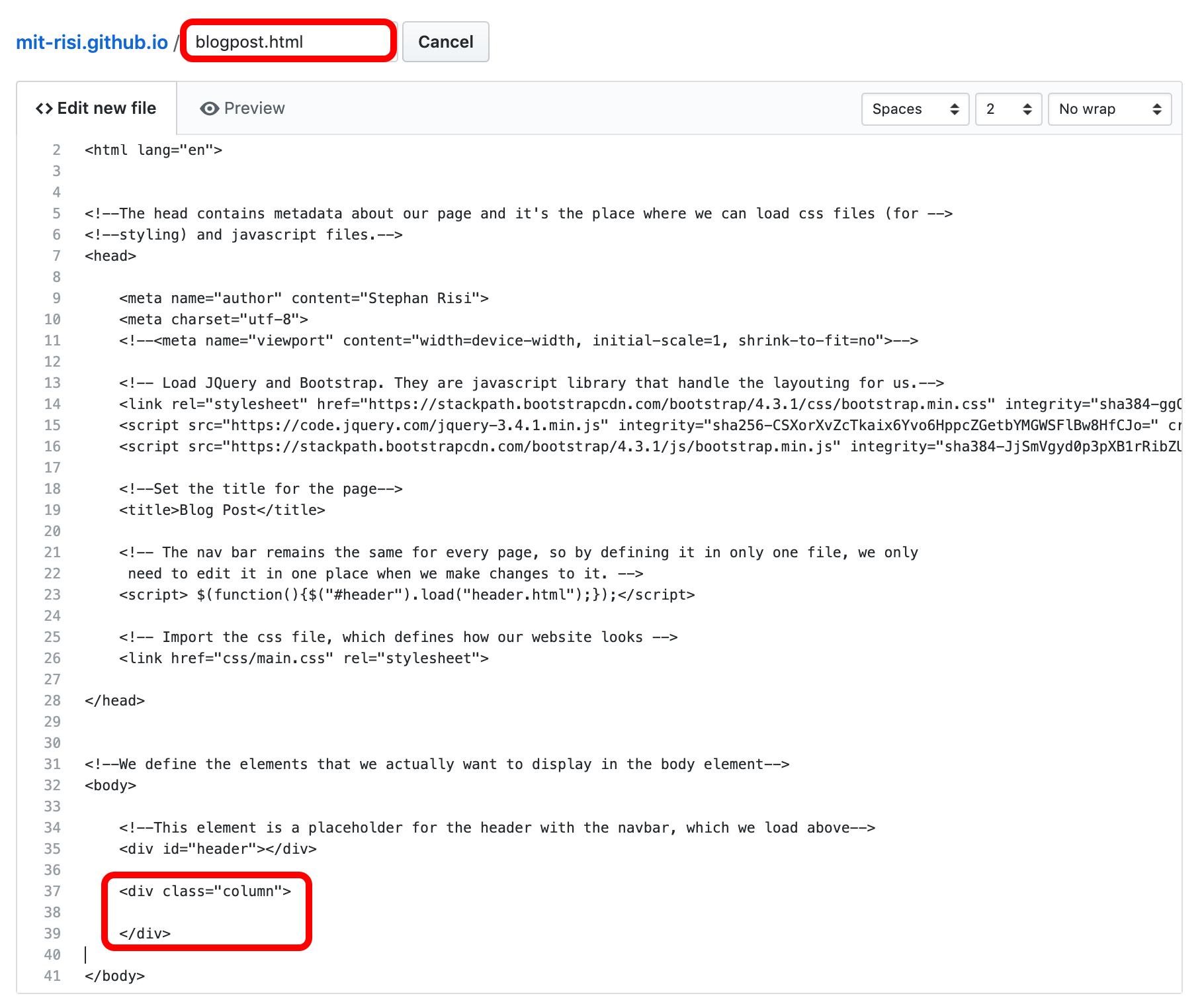 Screenshot of the new blogpost.html with all the boilerplate code from index.html