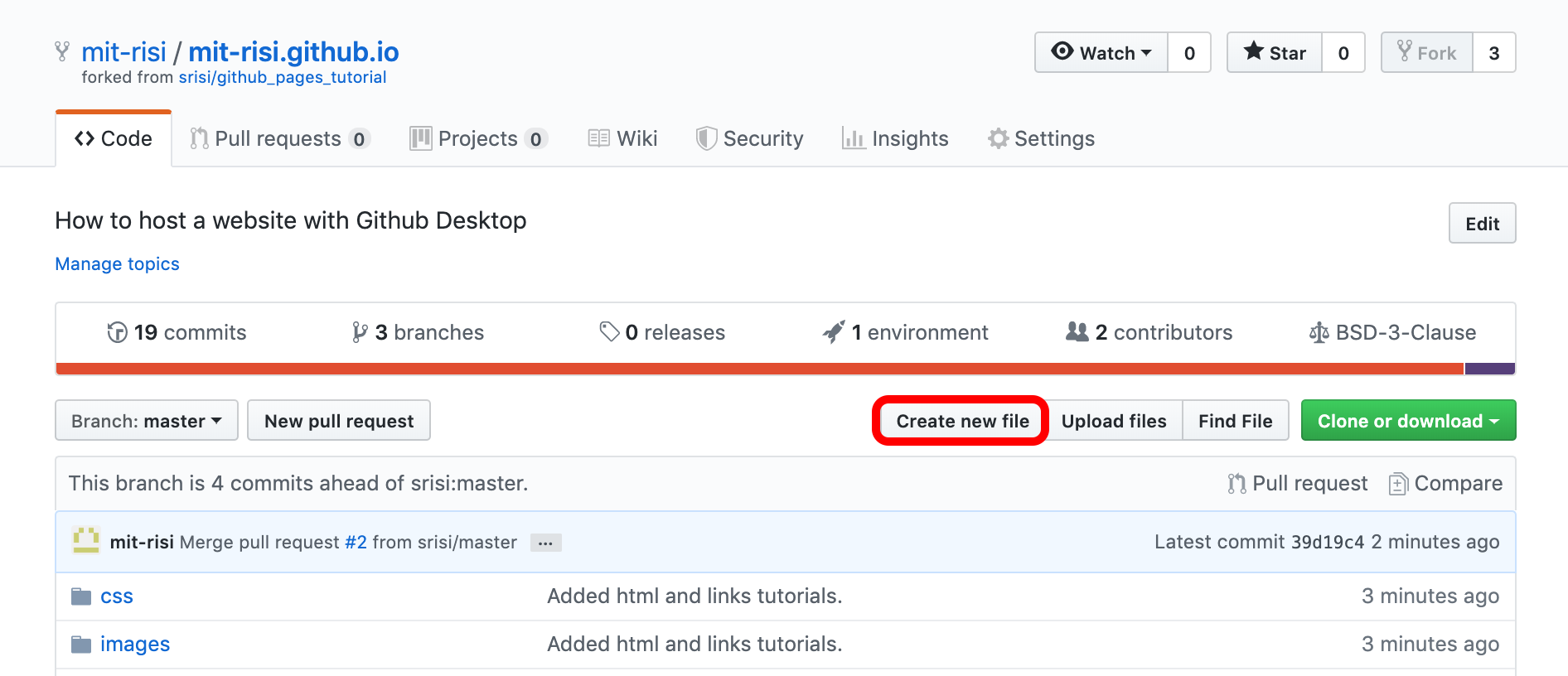 Screenshot of the github repository page with "Create New File" button highlighted