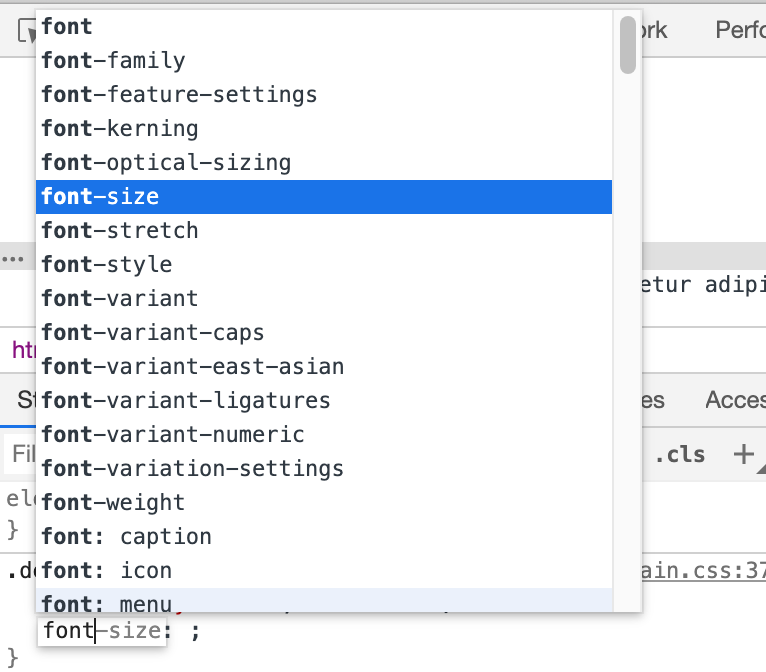 Screenshot of the Chrome developer tools autocomplete suggestions.