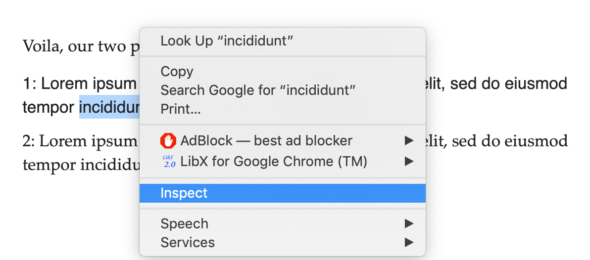 Screenshot of selecting inspect on Chrome to access developer tools.